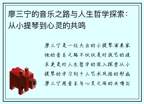 廖三宁的音乐之路与人生哲学探索：从小提琴到心灵的共鸣